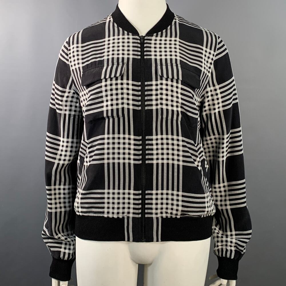 EQUIPMENT Size L Black White Silk Plaid Zip Up Bomber Jacket